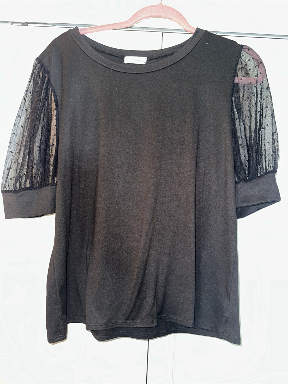 Black Short Sleeve Tee with Sheer Dot Puff Sleeves